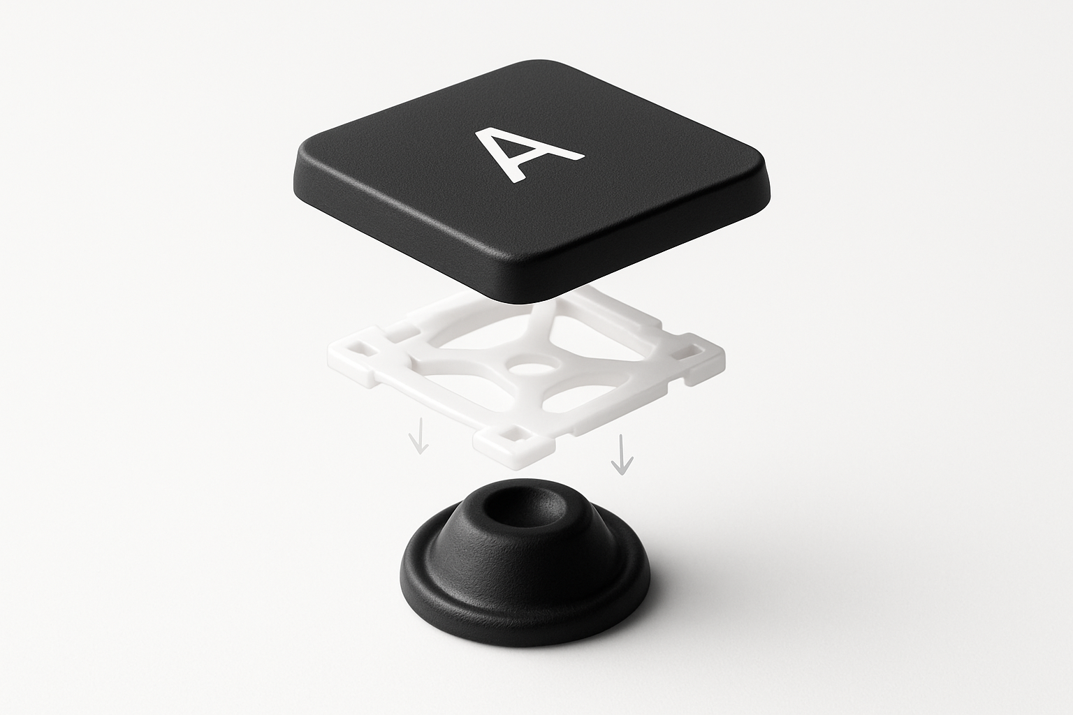 The anatomy of a laptop key: cap, clip, cup
